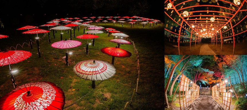 松の雪吊りや和傘、風鈴などの「和の演出」