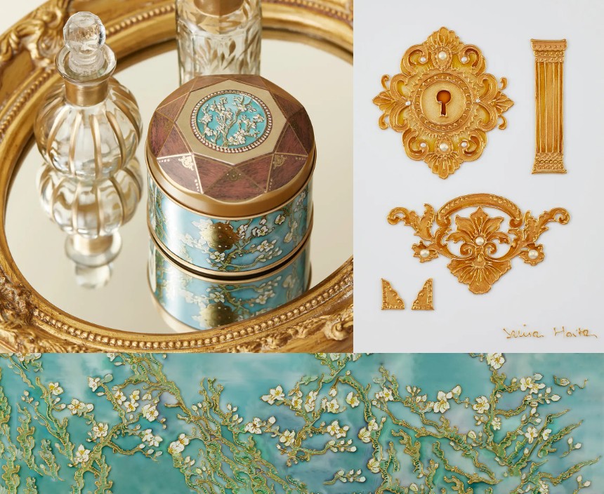 《花咲くアーモンドの木の枝》を思わせるガラス絵を配置