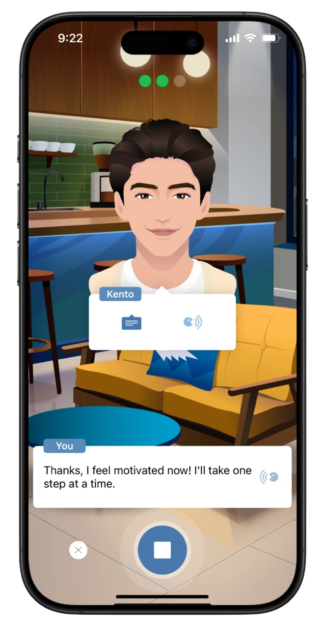英会話練習の相手となるAIバディ「Kento」